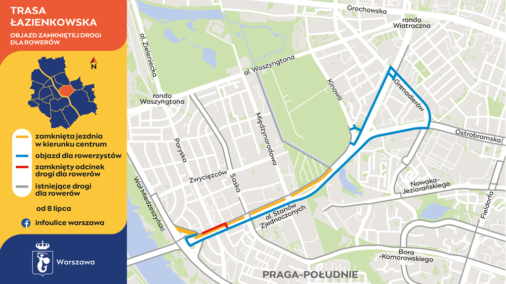 Trasa Łazienkowska - objazd zamkniętej drogi dla rowerów