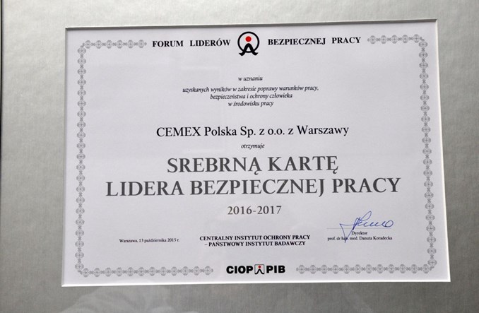 CEMEX ze Srebrną Kartą Lidera Bezpiecznej Pracy