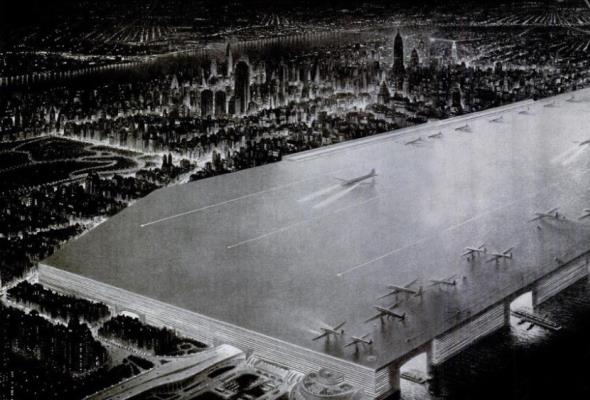 Nowojorskie lotnisko marzeń na ogromnym dachu w wizji z 1946 roku